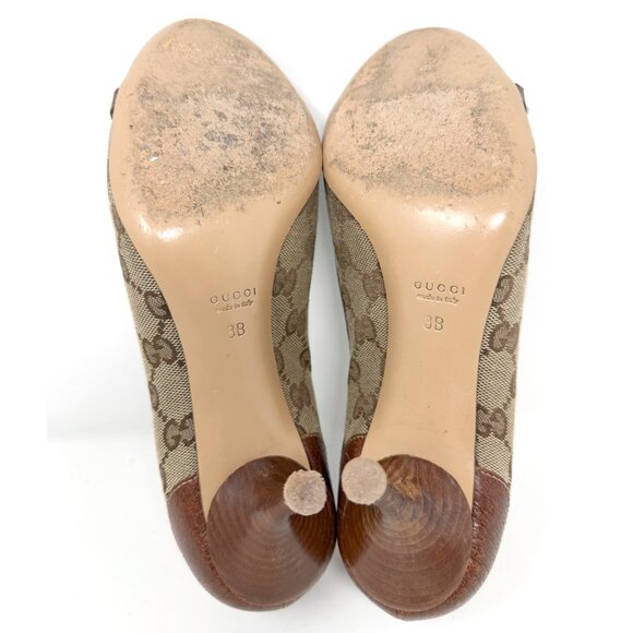 Gucci Monogram Brown Canvas Pumps Bamboo‎ Bit Heels Size 8 Classic Designer - Picture 9 of 10